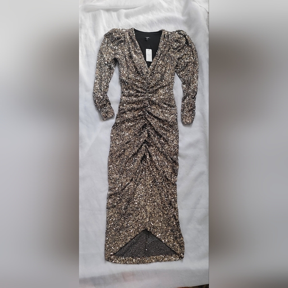 NWT!Express Sequin Silver V-Neck Puff Sleeve Ruched Midi Sheath Dress Size XS - Picture 13 of 15